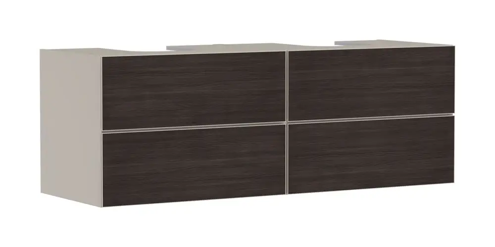 Waschtischunterschrank mit vier Schubkästen in Sandbeige, zur Verwendung mit Hansgrohe Aufsatzwaschtischen. Flaches Design, agiert als Basis für Konsolen.